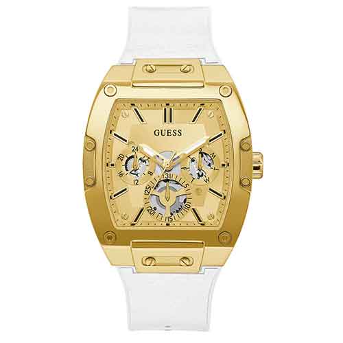 GUESS Mens White Gold Tone Multi-function Watch