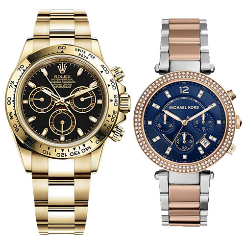 COMBO - ROLEX COSMOGRAPH DAYTONA OYSTER GOLD BLACK DIAL & Michael Kors Ladies Parker Two-Tone Navy Chronograph Designer Watch Mk6141