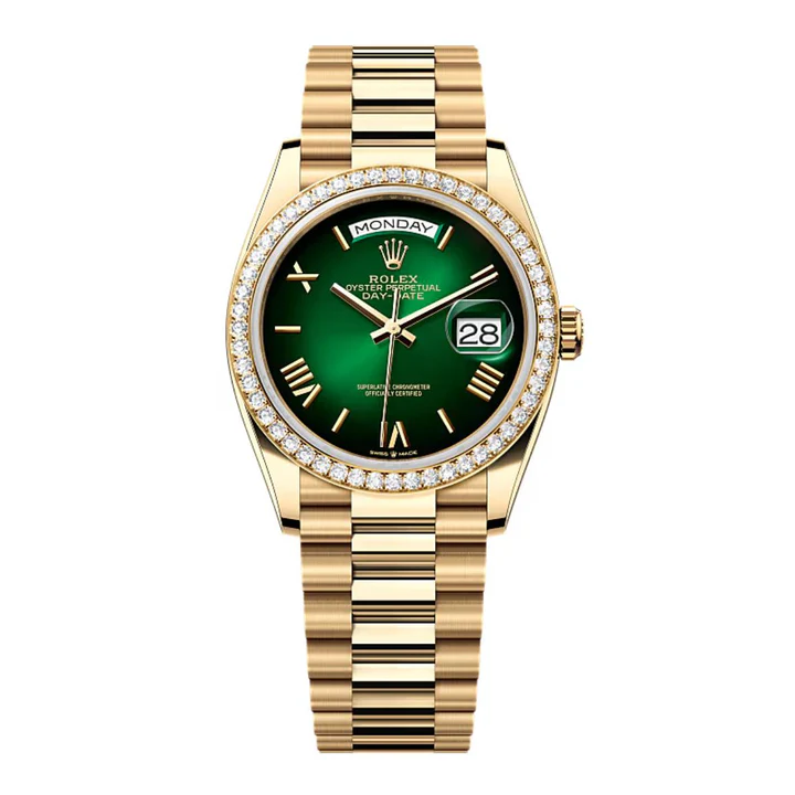 Rolex Day-Date 36mm Green Ombre Dial & Diamond Bezel, 18K Yellow Gold Watch