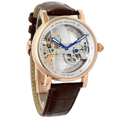 Patek Philippe Automatic Rose Gold Transparent Dial Leather Strap Men Watch