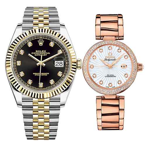 COMBO - Rolex Datejust 41 Oystersteel And Black Gold Diamond Watch & Omega De Ville Ladymatic Rose Gold Diamond Women Watch