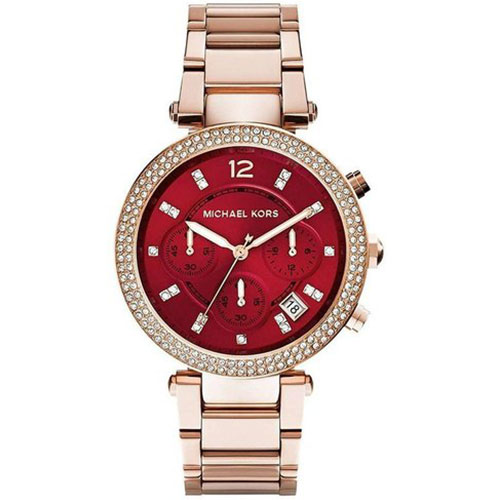 Michael Kors Red Dial Gold Plated Stainless Steel Band Watch MK6106