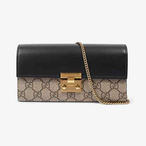 Gucci  Padlock Wallet On Chain Beige And Ebony GG Supreme  Black Coated Canvas