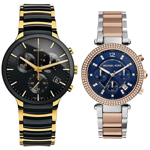 COMBO - Rado Centrix Chronograph Golden Watch For Men & Michael Kors Ladies Parker Two-Tone Navy Chronograph Designer Watch Mk6141