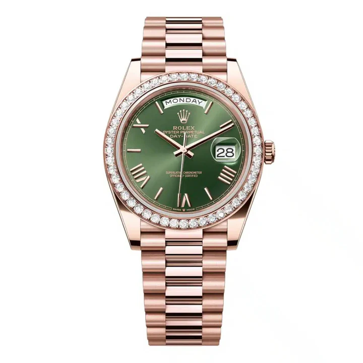 Rolex Day Date 40mm Olive Green Roman Dial & Diamond Bezel, 18K Rose Gold  Watch