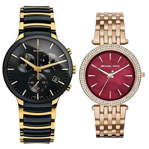 Rado Centrix Chronograph Golden Watch for Men & MICHAEL-KORS MK3378 Darci Red Swarovski Dial Rose Gold-Tone Ladies Watch