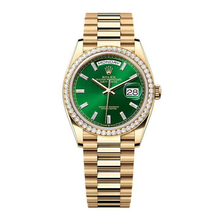 Rolex Day-Date 36mm Bright Green Diamond Dial & Diamond Bezel, 18K Yellow Gold Watch