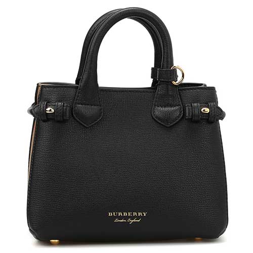 Burberry Black Leather and House Check Fabric Small Banner Tote